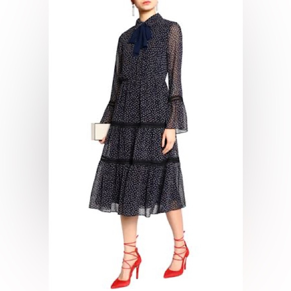 Michael Aghal Tie-Bow Floral -Print Chiffon Midi Party Dress In Midnight Blue💃